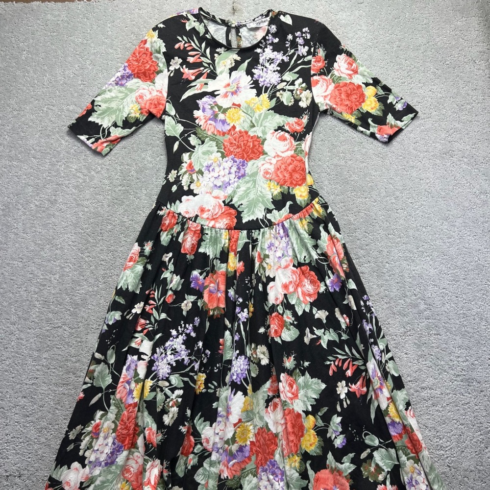 VINTAGE S.G. Gilbert Midi Dress Size 14 Black Multi Floral Short Sleeve USA Made